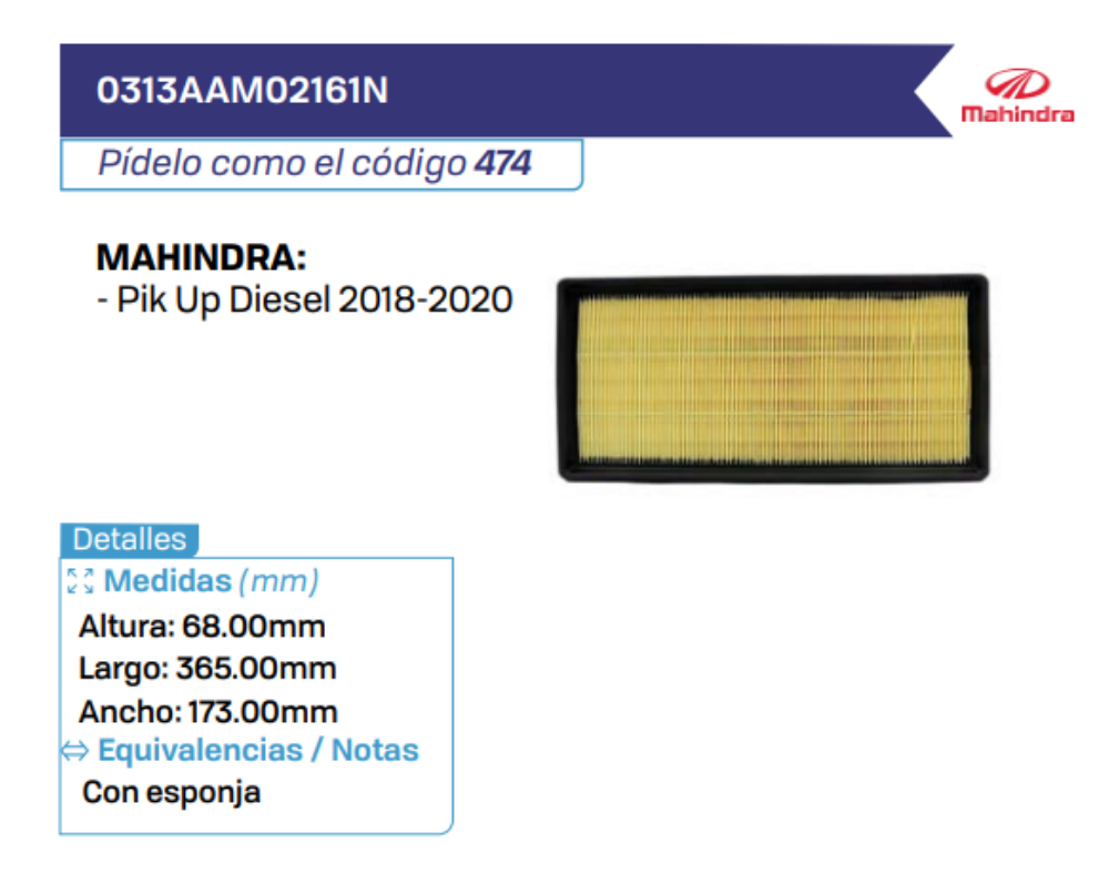 0313AAM02161N Filtros de Aire MAHINDRA
