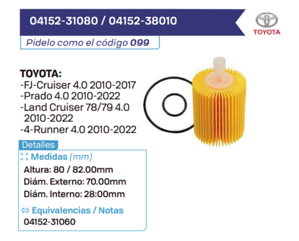 04152-31080 _ 04152-38010 Filtros de aceite TOYOTA