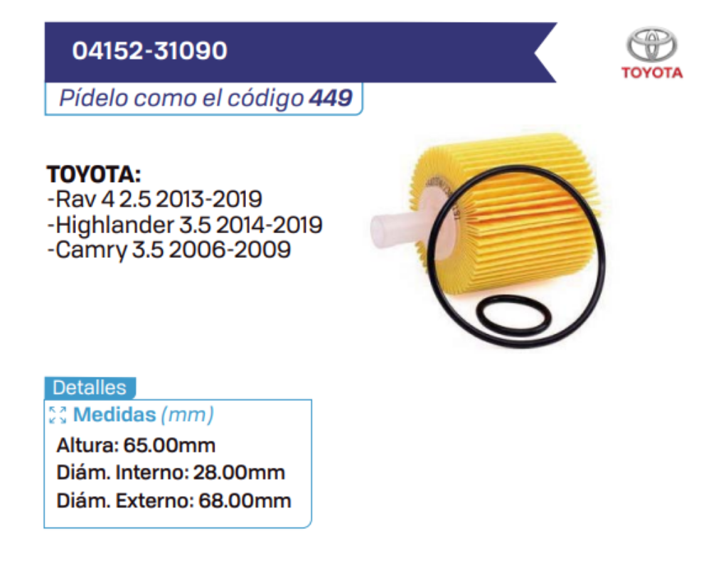 04152-31090 Filtros de aceite TOYOTA