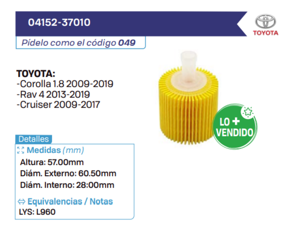 04152-37010 Filtros de aceite TOYOTA