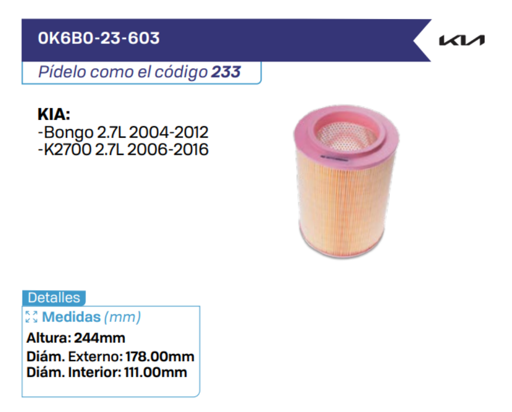 0K6B0-23-603 Filtros de aire KIA