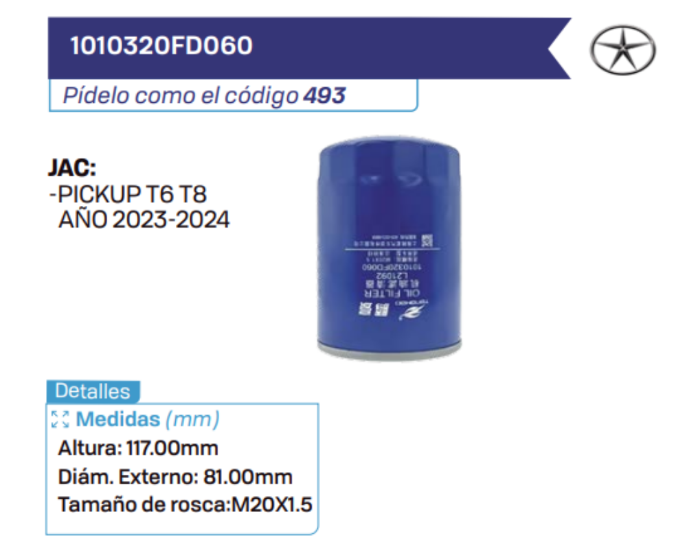 1010320FD060 Filtros de aceite JAC