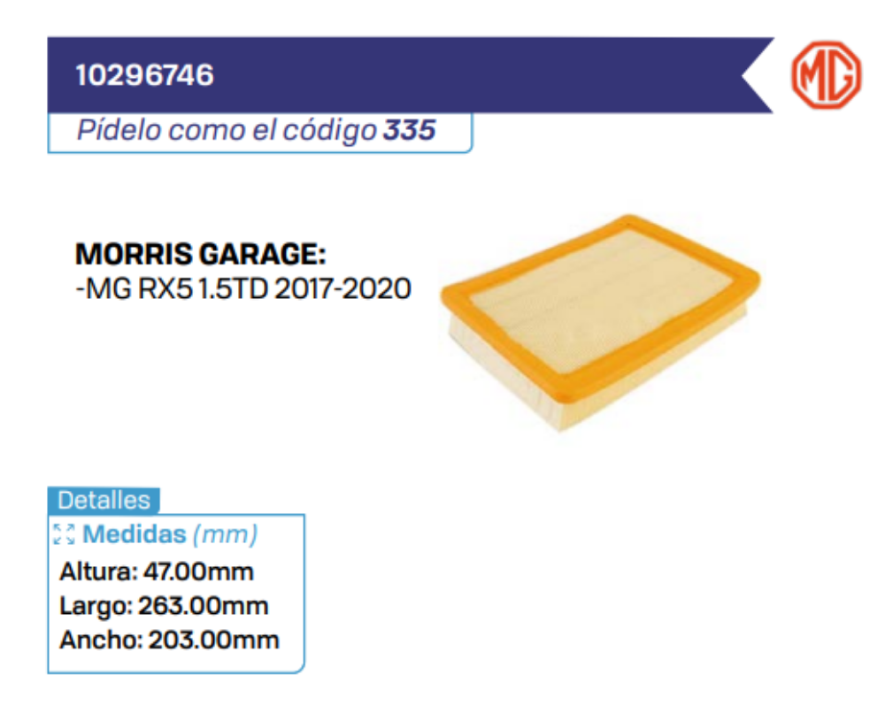 10296746 Filtros de aire MORRIS GARAGE