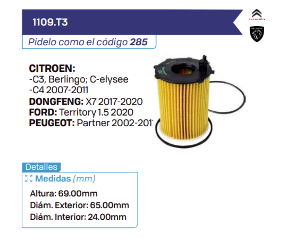1109.T3 Filtros de aceite CITROEN - DONGFENG - FORD - PEUGEOT