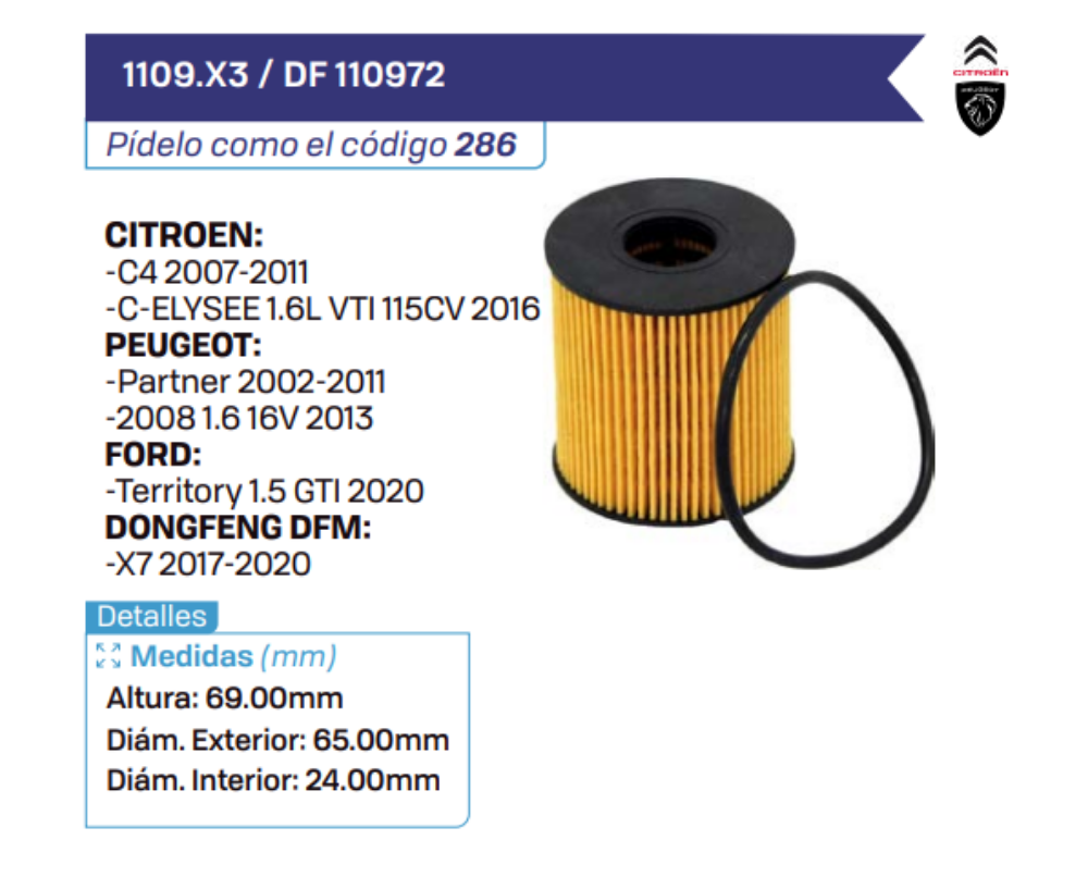 1109.X3 _ DF 110972 Filtros de aceite CITROEN - PEUGEOT - FORD - DONGFENG DFM