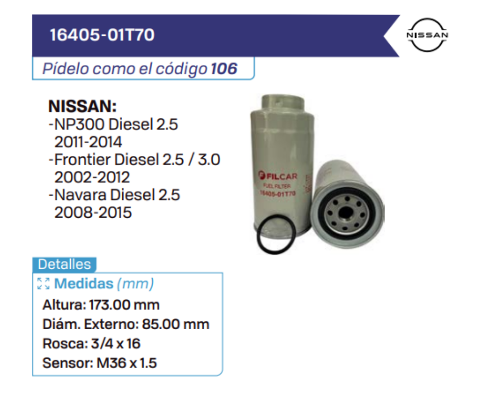16405-01T70 Filtros de petróleo NISSAN
