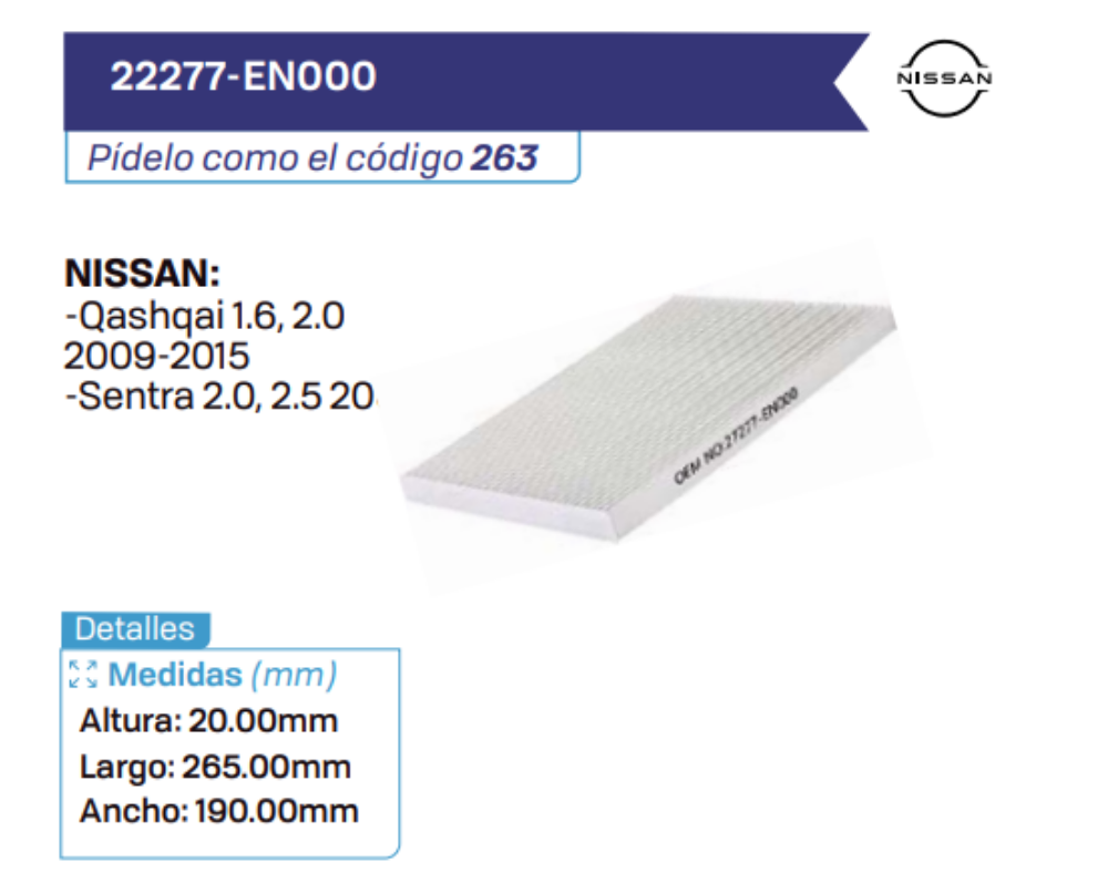22277-EN000 Filtros de cabina NISSAN