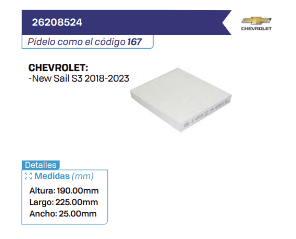 26208524 Filtros de cabina CHEVROLET