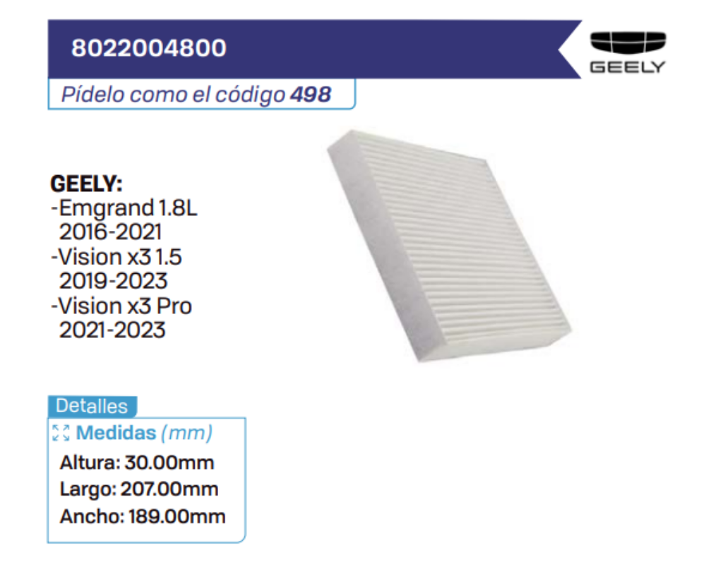 8022004800 Filtros de cabina GEELY
