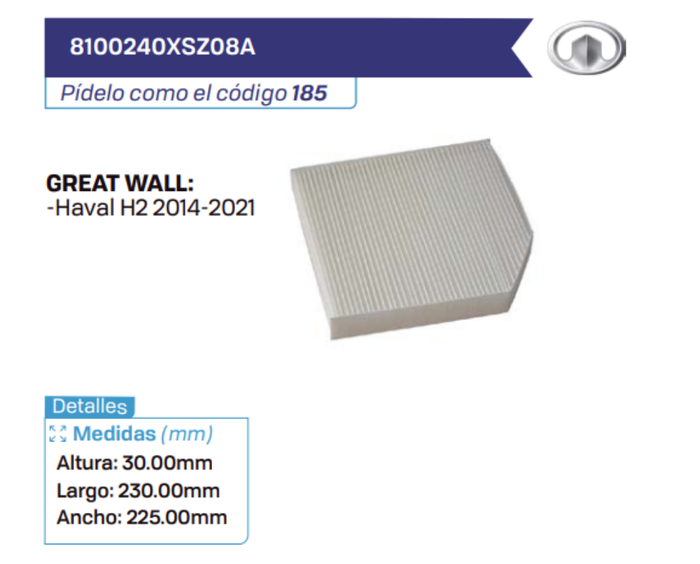8100240XSZ08A Filtros de cabina GREAT WALL