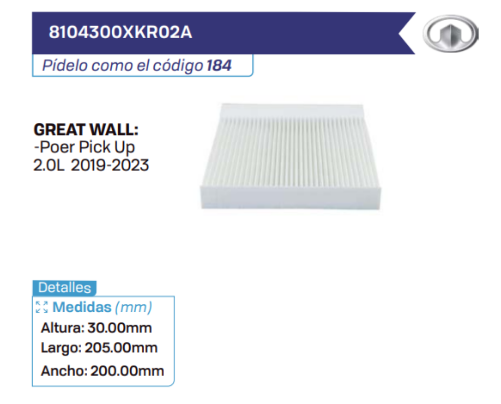 8104300XKR02A Filtros de cabina GREAT WALL