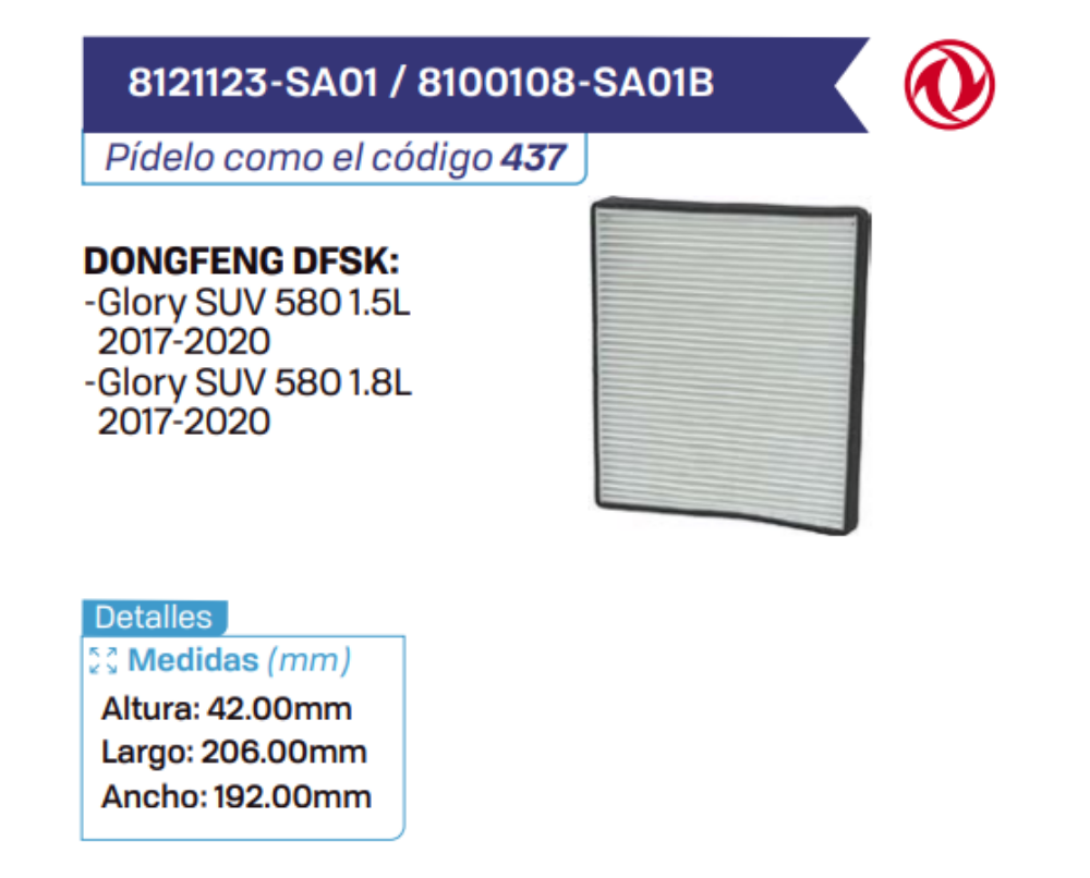 8121123-SA01 _ 8100108-SA01B Filtros de cabina DONGFENG DFSK