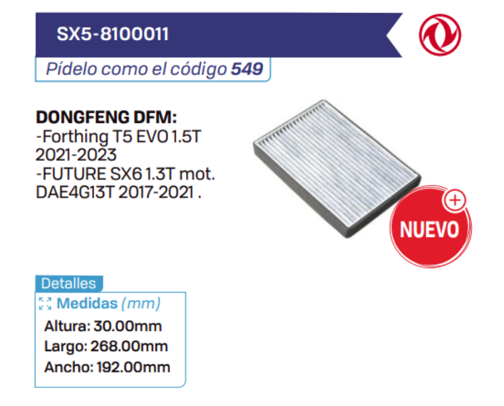 SX5-8100011 Filtros de cabina DONGFENG DFM
