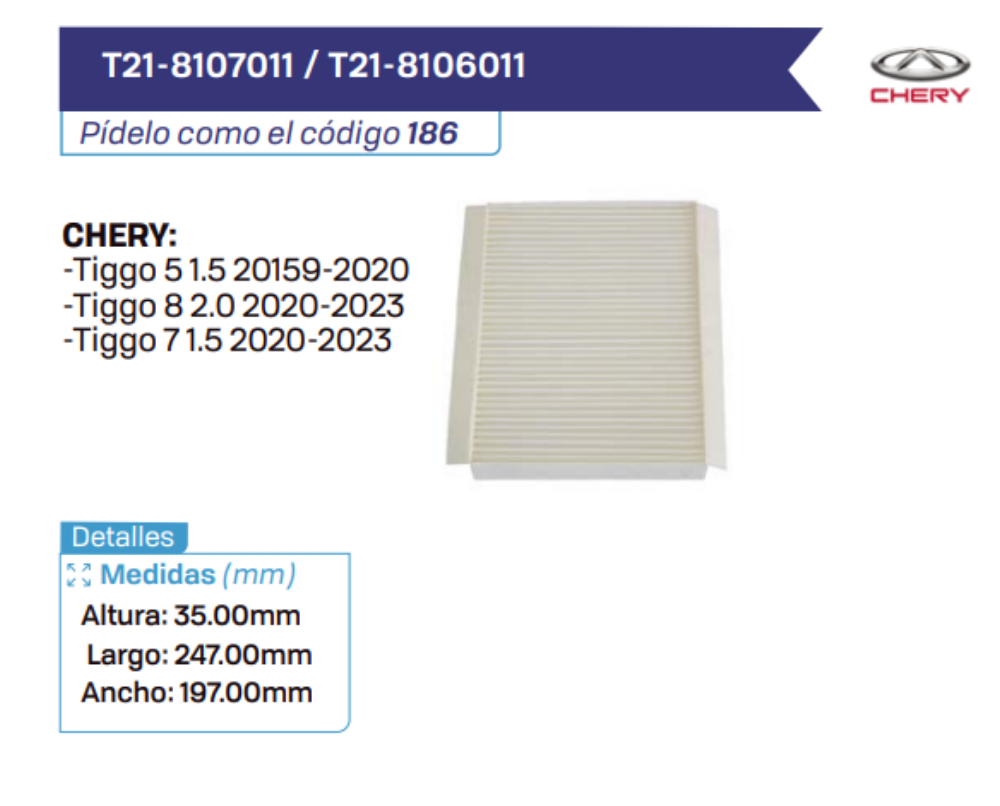 T21-8107011 _ T21-8106011 Filtros de cabina CHERY