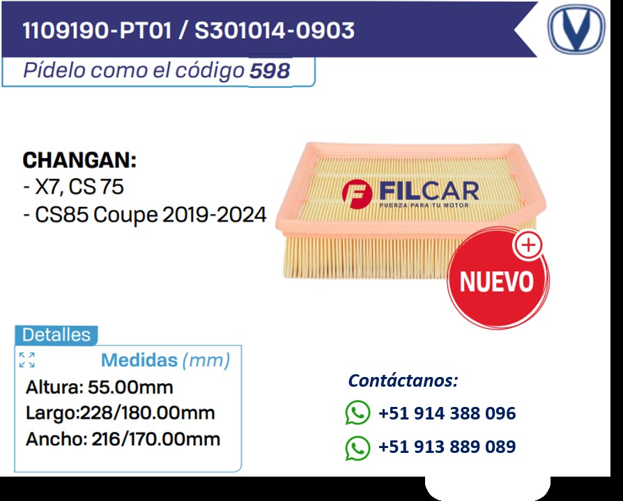 1109190-PT01 S301014-0903 Filtro de aire Changan
