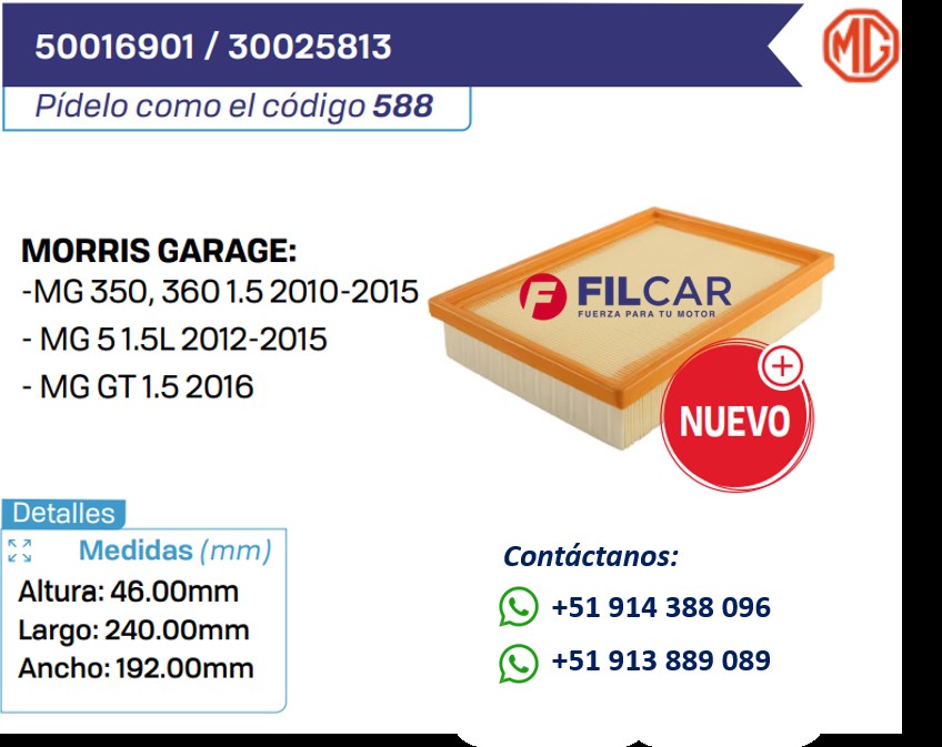 50016901 30025813 Filtro de aire Morris Garage (MG)