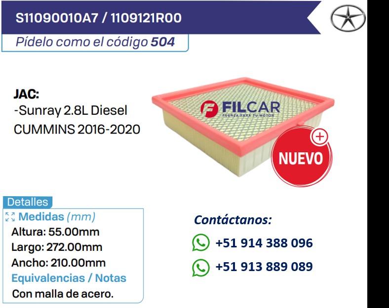 S11090010A7 1109121R00 Filtro de aire JAC